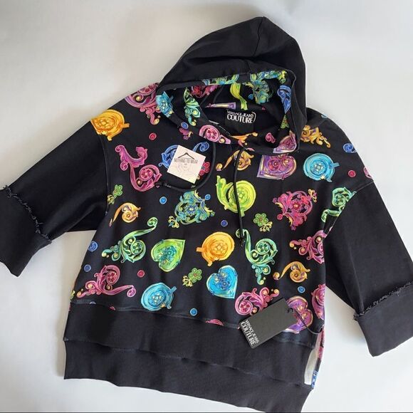 ⭕️ VERSACE JEANS Sweatshirt Black Multi Hoodie - Picture 3 of 12